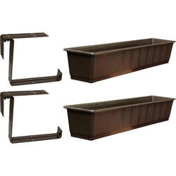 Set van 5 kunststof plantenbakken bruin rechthoekig 80 cm met 10 verstelbare railing beugels - Plantenbakken