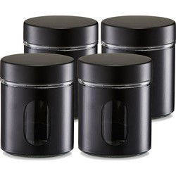 Zeller Voorraadpot met venster - 4x - zwart - 600 ml - glas/metaal - Voorraadblikken