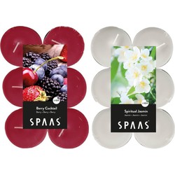 Candles by Spaas geurkaarsen - 24x stuks in 2 geuren Jasmin en Berry cocktail - geurkaarsen