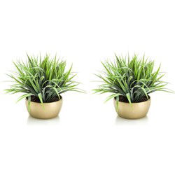 Kunstplant - 2x - siergras - groen - in gouden pot - 33 cm - Kunstplanten