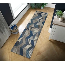 Loper - Asher Modern Laagpolig - 100% Wol - Geo - Blauw 60X230 Cm - 60 X 230 CM