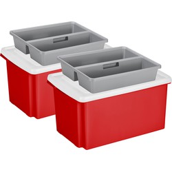 Sunware 2x opslagbox kunststof 51 liter rood 59 x 39 x 29 cm met deksel en organiser tray - Opbergbox