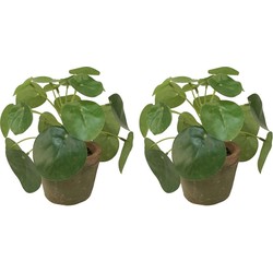 2x Groene kunstplanten pilea planten in pot 13 cm - Kunstplanten