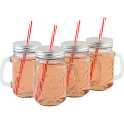 OTIX Mason jar - Drinkbeker - met Rietje - Set van 4 - Zilvere dop - 450 ml