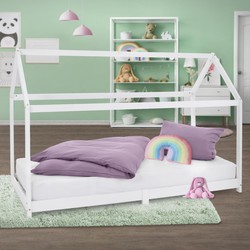 Kinderbed Huisbed 90x200 cm wit gemaakt van dennenhout Houten bed met dak en lattenbodem ML design