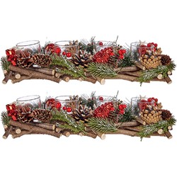 Set van 2x stuks kerst thema kaarsenhouders ornamenten red/green nature 40 x 16 x 8 cm - Waxinelichtjeshouders