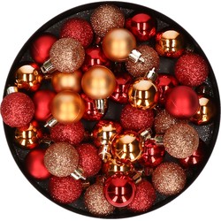 Kleine kunststof kerstversiering 40x stuks set en 3 cm kerstballen in het koper en rood - Kerstbal