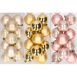 36x stuks kunststof kerstballen mix van champagne, goud en lichtroze 6 cm - Kerstbal