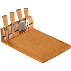 FSC® Houten Bamboe Kaasplank + 4 messen | Magnetische eenvoudig je messen ophangen aan deze kaasplank | 5-delige kaasplank set |Kaas Plank |  Afm 30 x 20 x 8 Cm.