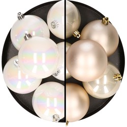 12x stuks kunststof kerstballen 8 cm mix van parelmoer wit en champagne - Kerstbal