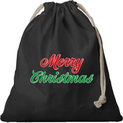 2x Kerst cadeauzak zwart Merry Christmas met koord voor als cadeauverpakking - cadeauverpakking kerst