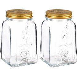 Voorraadpot/bewaarpot Square - 2x - glas - 1L - transparant/goud - D10 x H17 cm - voedsel - Voorraadpot