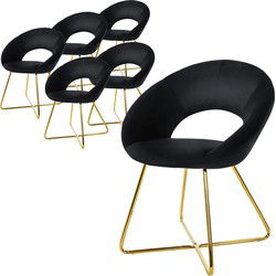 Set van 6 eetkamerstoelen met ronde open rugleuning zwart fluweel met goudkleurige metalen poten ML design