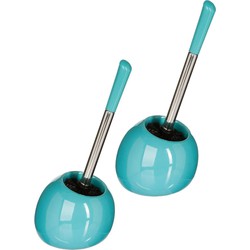 2x stuks WC-/toiletborstel met houder rond turquoise glans keramiek 36 cm - Toiletborstels