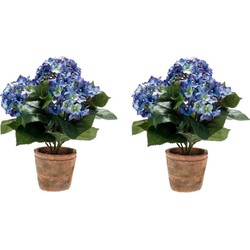 2x Blauwe kunstplant Hortensia plant in pot - Kunstplanten