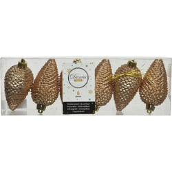 Decoris Kersthangers dennenappels - 6x st - toffee bruin - 8 cm - Kersthangers