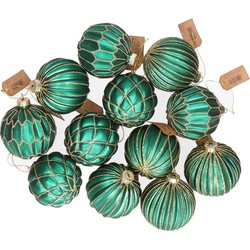 Kerstballen - groen met zilver - 12 stuks - glas - 8 cm - Kerstbal