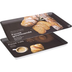 Set 2x dienbladen/serveerbladen rechthoekig Koffie en Brood zwart - Dienbladen