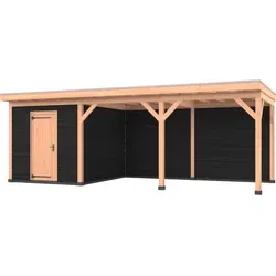 Douglas overkapping 750 x 300, met zwarte schuur en achterwand, Westwood Comfort
