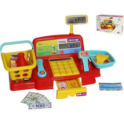 Speelgoedkassa met winkelmandje en scanner-weegschaal-geld-produkten en vele andere accessoires