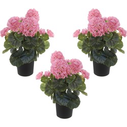 Set van 3x stuks roze geranium Pelargonium Graveolens kunstplanten in zwarte kunststof pot 35 cm - Kunstplanten