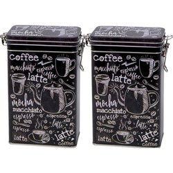 Koffieblik/bewaarblik - 2x - zwart - cafe print - 19 cm - rechthoekig - Voorraadblikken