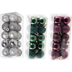 Kleine kunststof kerstversiering 60x stuks set en 3 cm kerstballen in het zilver-aubergine-groen - Kerstbal