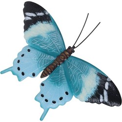 Tuindecoratie lichtblauw/zwarte vlinder - 35 cm - Tuinbeelden