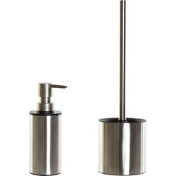 Toiletborstel houder zilver/zwart 37 cm met zeeppompje 300 ml metaal - Badkameraccessoireset