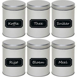 6x Zilveren hoog/rond bewaarblik/opbergblik 13 cm met krijtbord labels - Voorraadblikken