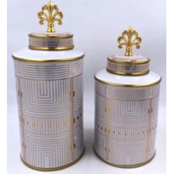Fine Asianliving Chinese Ginger Jar Porcelain White Gold Geometric