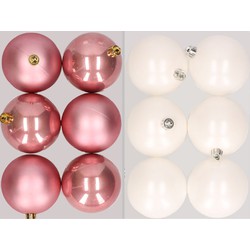 12x stuks kunststof kerstballen mix van oudroze en winter wit 8 cm - Kerstbal