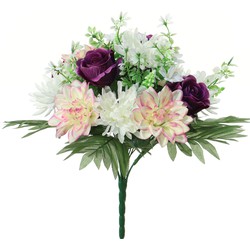 Louis Maes Kunstbloemen boeket roos/dahlia - paars/creme - H36 cm - Bloemstuk - Bladgroen - Kunstbloemen