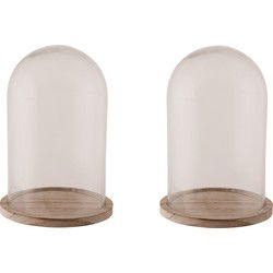 Glazen decoratie stolp op houten plateau - 2x - D17 x H25 cm - Decoratieve stolpen