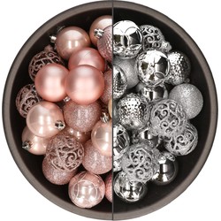 74x stuks kunststof kerstballen mix van lichtroze en zilver 6 cm - Kerstbal