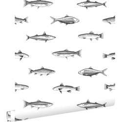 ESTAhome behang pentekening vissen wit en zwart - 0,53 x 10,05 m - 138967