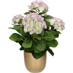 Hortensia kunstplant/kunstbloemen 45 cm - paars/groen - in pot goud glans - Kunstplanten