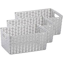 Plasticforte Opbergmand - 3x - Kastmand - rotan kunststof - zilver - 6 Liter - 19 x 29 x 13 cm - Opbergmanden