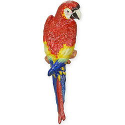 A CAST IRON WALL MOUNT RED AND YELLOW MACAW