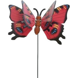 Metalen vlinder rood 11 x 70 cm op steker - Tuinbeelden
