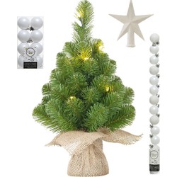 Kunst kerstboom met 15 LED lampjes 60 cm inclusief witte versiering 31-delig - Kunstkerstboom