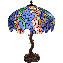 LumiLamp Tiffany Tafellamp  Ø 50x76 cm Blauw Groen Glas Bloemen Tiffany Bureaulamp