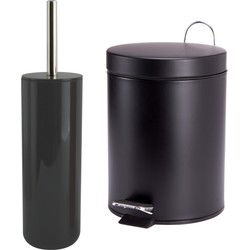 MSV Badkamer accessoires set - zwart - pedaalemmer/wc-borstel - Badkameraccessoireset