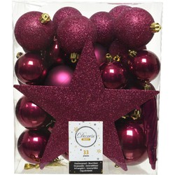 33x stuks kunststof kerstballen met ster piek framboos roze (magnolia) - Kerstbal