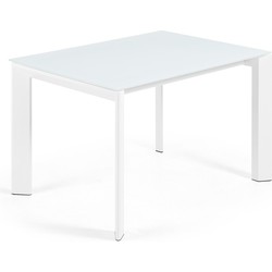 Kave Home - Axis uitschuifbare tafel in wit glas en wit stalen poten 120 (180) cm