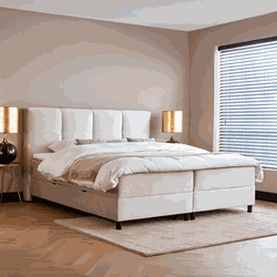 Boxspring bed met opbergruimte - 140x200 cm - Beige - Opbergbed - Barcelona Inclusief 23 cm matras en topper HR- Koudschuim