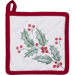 Clayre & Eef Kind Pannenlap  16x16 cm Wit Rood Katoen Hert Hulstbladeren Moeder dochter