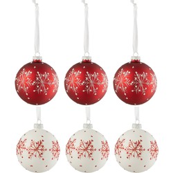 J-line - Doos Van 6 Kerstballen Sneeuwvlokken Glitter Glas Wit/rd Small - 8.5x8.5x10cm