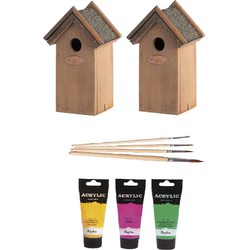 2x Houten vogelhuisje/nestkastje 22 cm - roze/geel/groen Dhz schilderen pakket - Vogelhuisjes