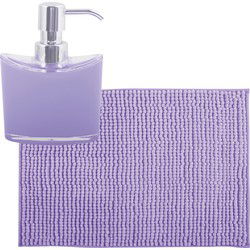 MSV badkamer droogloop mat/tapijtje - 50 x 80 cm - en zelfde kleur zeeppompje 260 ml - lila paars - Badmatjes